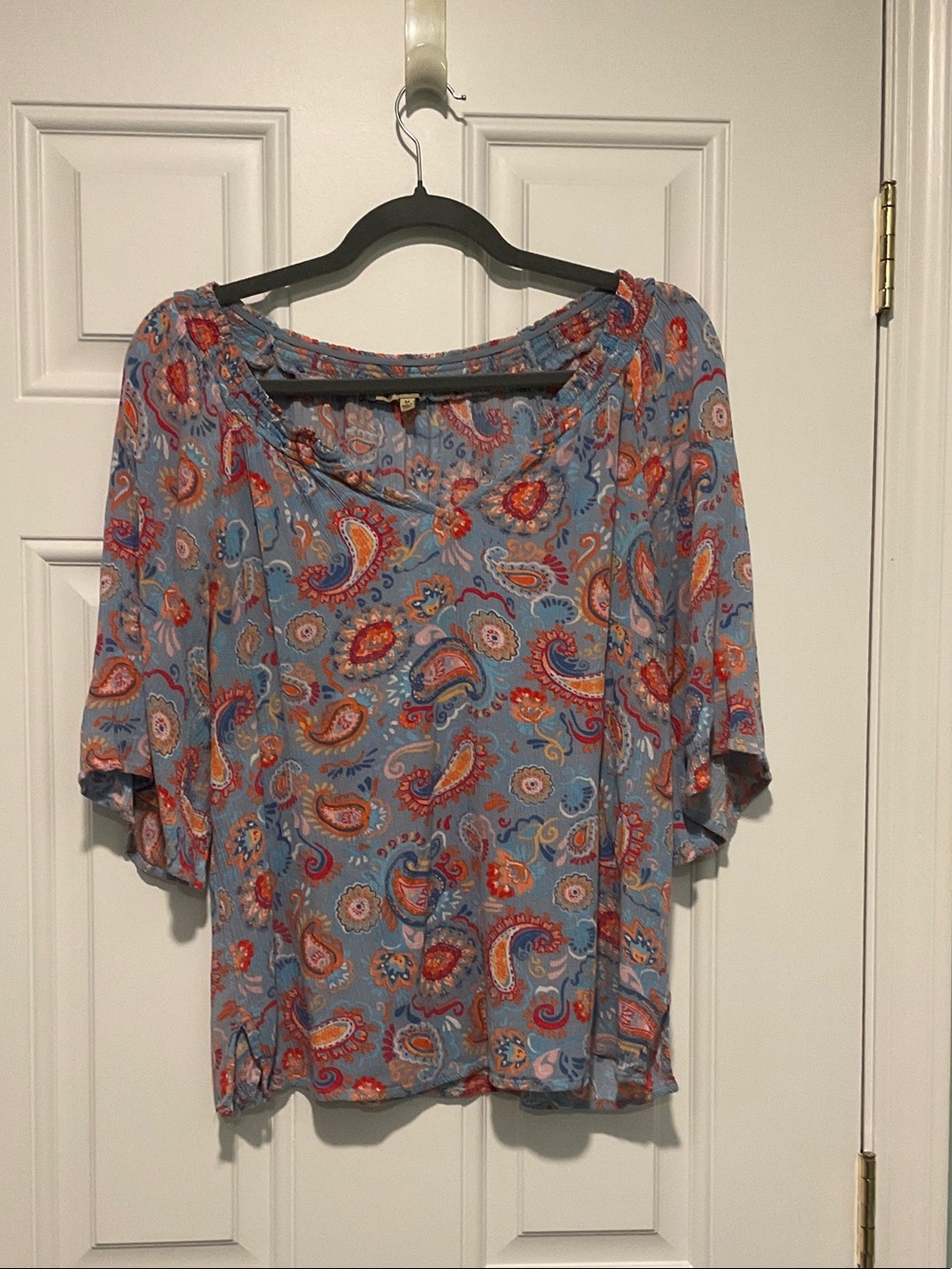 Democracy Blue Paisley Off-Shoulder Blouse with Red & Orange Accents